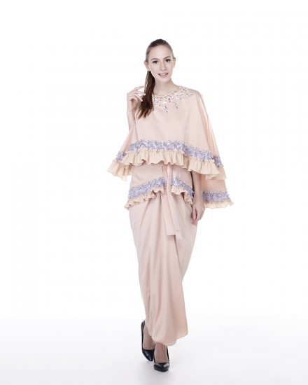 Elodie signature Layered with Pleated Ruffles Kaftan in Shimmer Light Nude