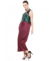 Kun Cheongsam Dress with Black Lace in Deep Maroon and Emerald Green