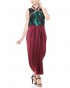 Kun Cheongsam Dress with Black Lace in Deep Maroon and Emerald Green