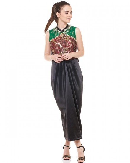 Kun Cheongsam Dress with Green Lace in Jet Black and Flower Fire Red Gold