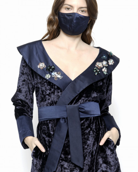 Debonaire Belted Velvet Robe in Midnight Blue Pattern