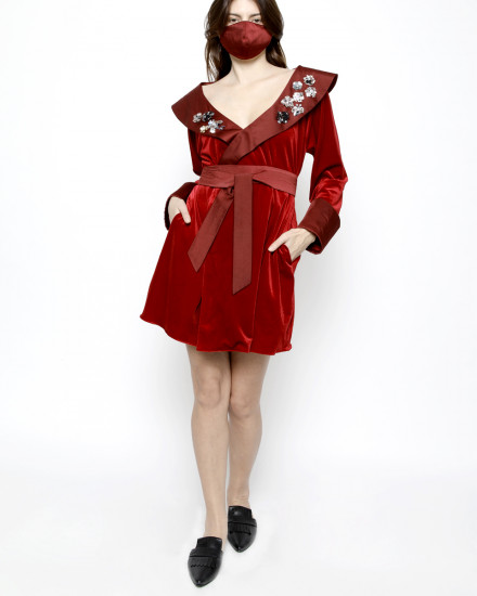 Debonaire Belted Velvet Robe in Red and Satin Oxblood Red