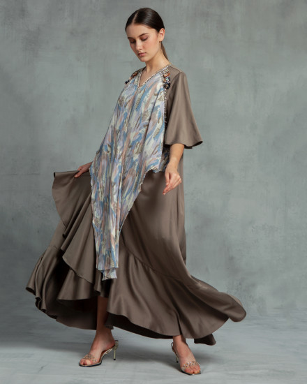 Eudora Wrap-Effect Abstract Pleats Dress in Poised Taupe