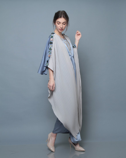 Evren Embellished Three-Way Wrap Pleats Kaftan in Cinderella Blue and Pearl Grey