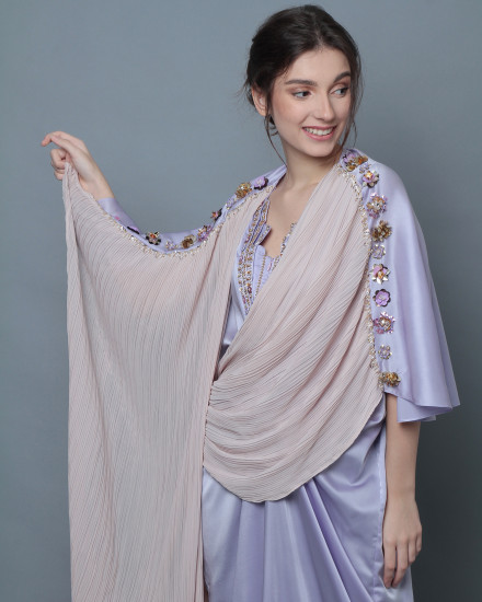 Evren Embellished Three-Way Wrap Pleats Kaftan in Lilac and Nude