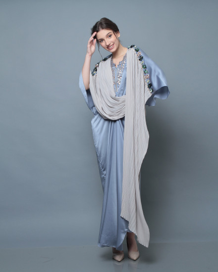 Evren Embellished Three-Way Wrap Pleats Kaftan in Icy Stormy and Pearl Grey