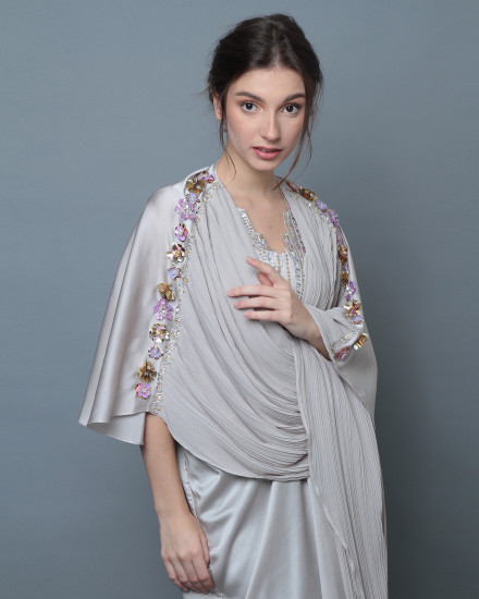 Evren Embellished Three-Way Wrap Pleats Kaftan in Pearl Grey