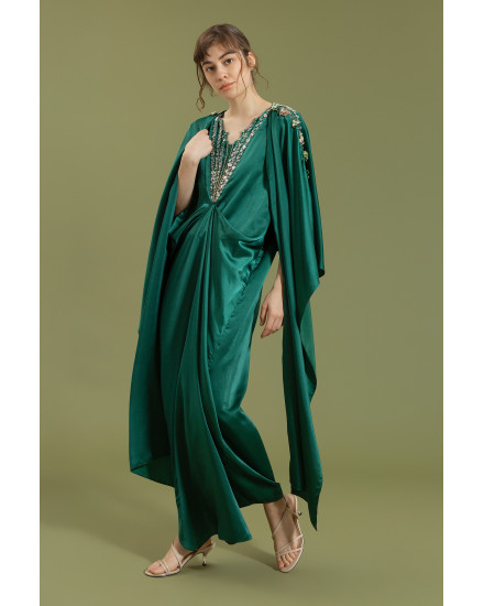 Evren Embellished Three-Way Wrap Kaftan in Midnight Green