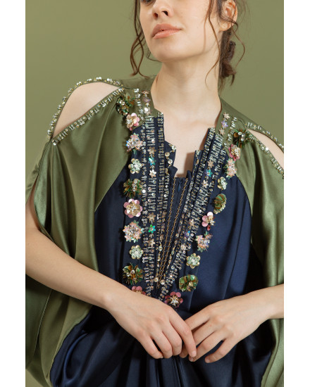 Cassia Signature Two Tone Embellished Open Shoulder in Midnight Blue and Dark Olive