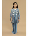 Asva Cape-effect Petite Mix Silk Gown Kaftan (Size S-M) in Blue Perennial