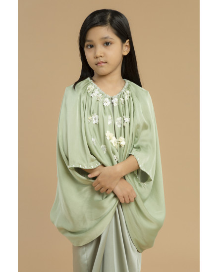 Asva Cape-effect Petite Mix Silk Gown Kaftan in Green Tint