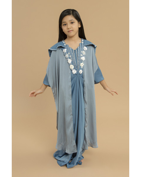 Bjarna Empress Petite Embellished Collar Kaftan (Size S-M) in Blue Perennial