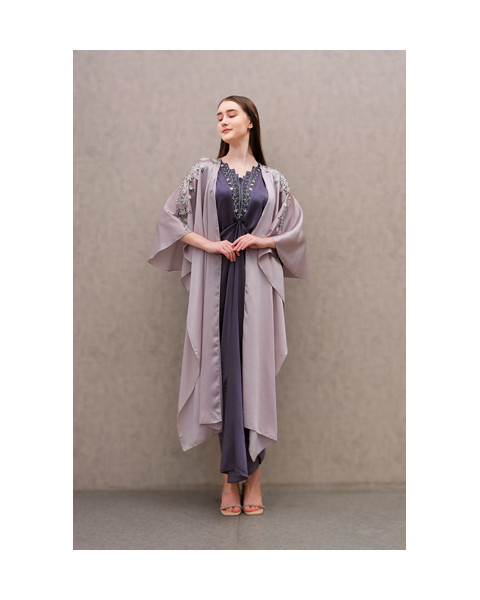 Evren Embellished Two Tone Three-Way Wrap Kaftan in Burnt Violet and Frosted Petals
